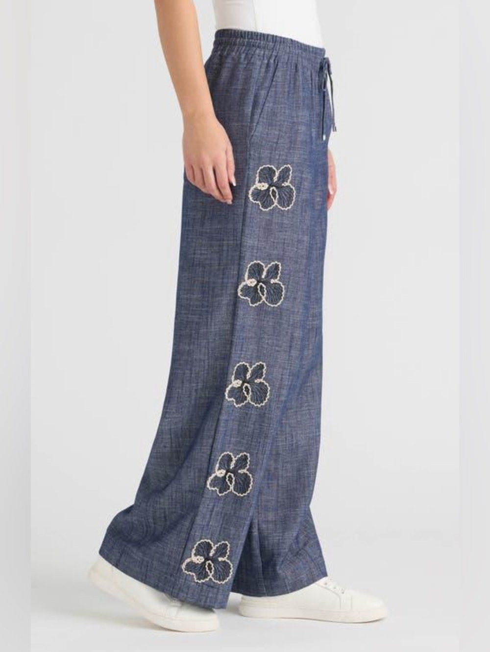 Denim Wash Floral Embroidered Boho Summer Flowing Pants